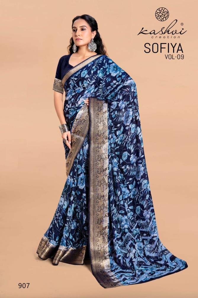 Sofiya Vol 9 By Kashvi Moss Zari Border Printed Saree Wholesale Shop In Surat